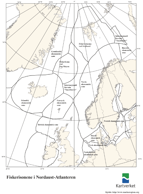 Figur 2.1 Kart som viser dei ulike fiskerisonene i Nordaust-Atlanteren