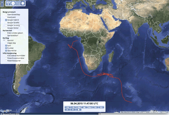 Figur 2.8 Noreg bidrog med sporingsanalyser frå Barents Watch slik at ein kunne følge fartøyet frå Sør-Ishavet til Guineagulfen