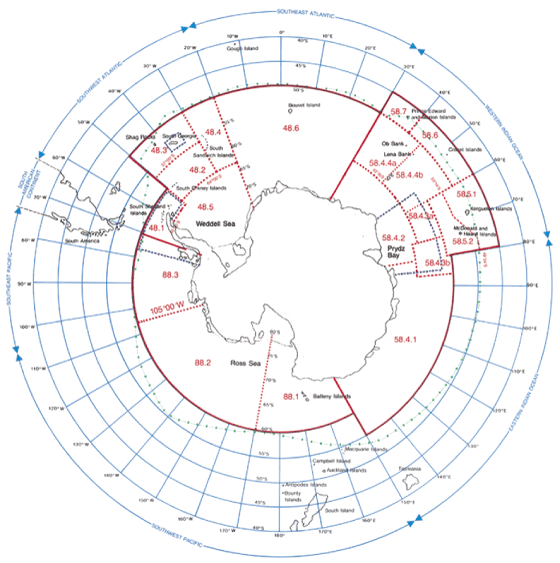 Figur 3.15 CCAMLR sitt konvensjonsområde og dei ulike underområda