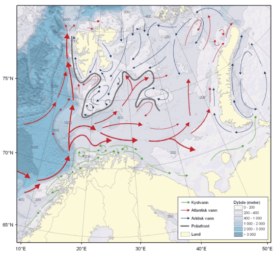Figur 4.1 Barentshavet – straumar og djupn