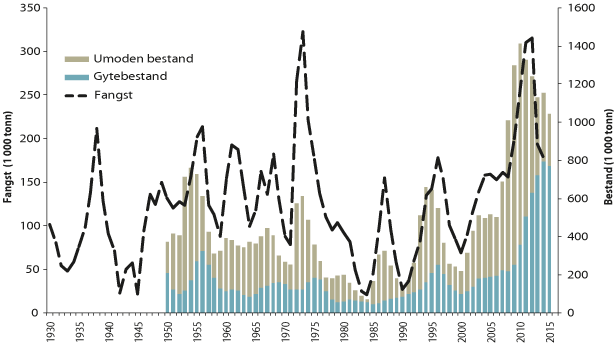Figur 4.10 Utviklinga i bestand og fangst av nordaust-arktisk hyse
