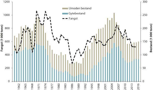 Figur 4.13 Utviklinga i bestand og fangst av nordaust-arktisk sei.
