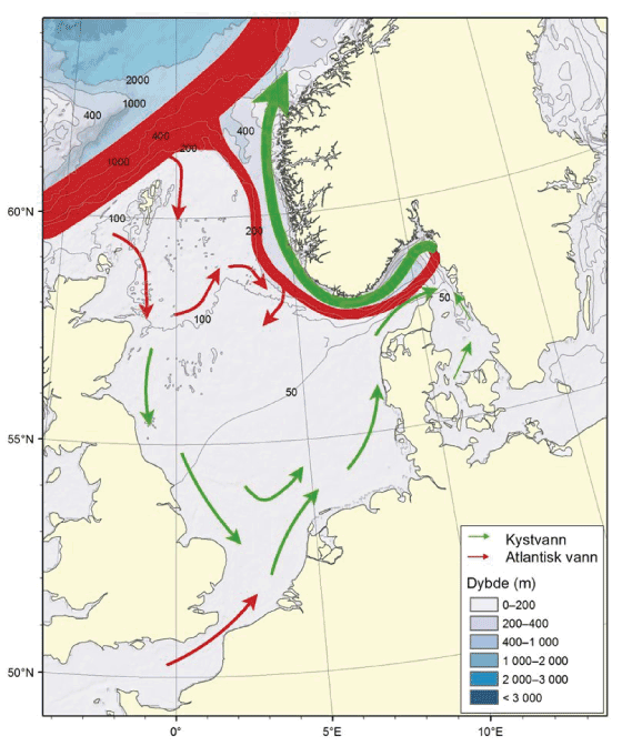 Figur 4.34 Nordsjøen og Skagerrak – straumar og djupn
