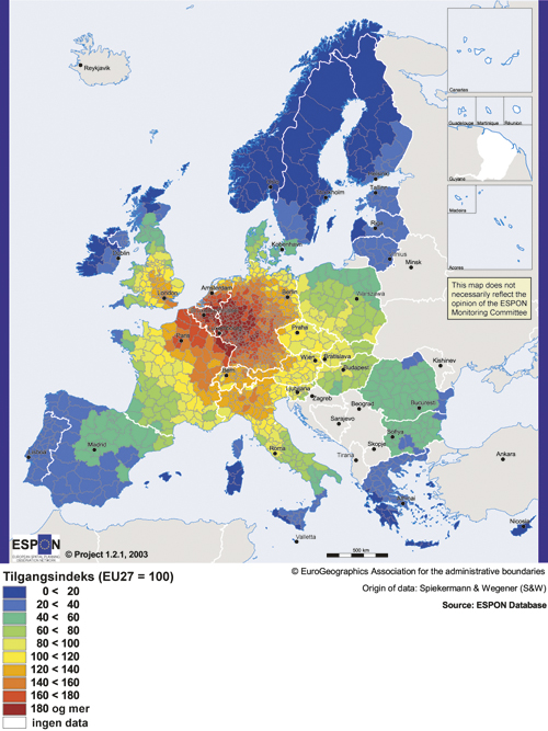 Figur 2.1 Potensiell tilgang via veg til senter i Europa med stor befolkning
 og høg BNP. Indeksen for potensiell tilgang er mellom anna
 basert på føresetnader om at senter med stor befolkning
 og høg BNP er viktige, og på at tilgangen til
 slike senter m...