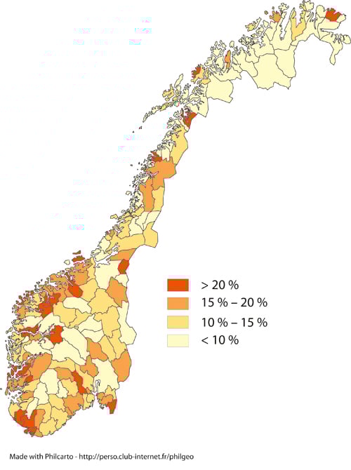 Figur 2.2 Variasjonar mellom bu- og arbeidsmarknadsregionar når
 det gjeld kva tyngd industrien har i sysselsetjinga, målt
 i prosent av samla sysselsetjing i ulike regionar