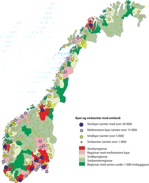 Figur 3.1 Kart med oversikt over byar og senter med ulike storleikar,
 og ulike typar av regionar etter storleik på det største
 senteret