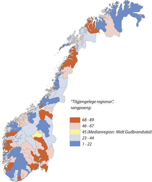 Figur 3.3 Kart som viser samlemål på styrke i høve
 til transport og infrastruktur i økonomiske regionar, 2001