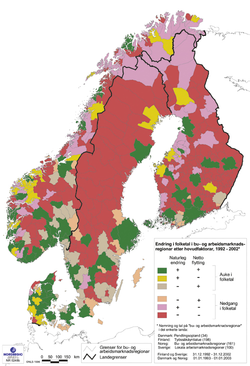 Figur 3.4 Befolkningsutvikling etter årsak til vekst eller fall
 i folketalet i bu- og arbeidsmarknadsregionar, Norden, 1992–2002