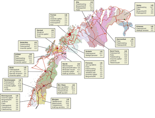 Figur 3.5 Næringsspesialiseringar i dei økonomiske
 regionane i Nord-Noreg