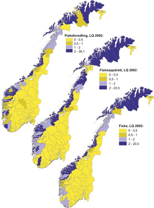 Figur 3.6 Dei økonomiske regionane rangert etter største
 spesialisering i tre fiskerisektorar