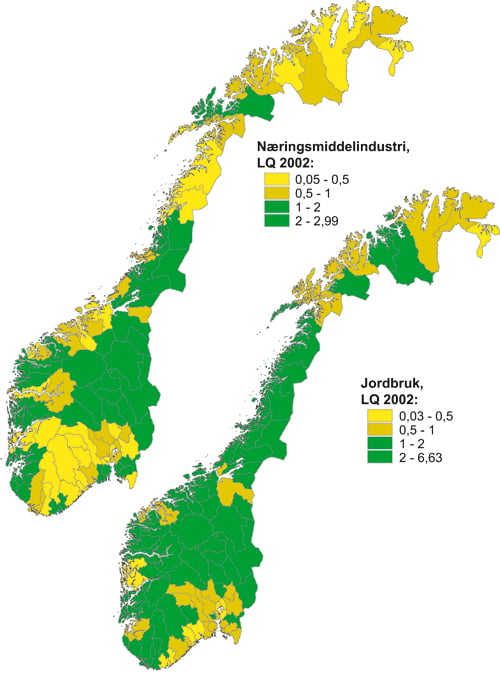 Figur 3.7 Dei økonomiske regionane rangert etter størst
 spesialisering i to landbrukssektorar