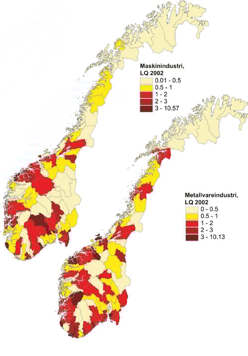 Figur 3.8 Dei økonomiske regionane rangert etter størst
 spesialisering i to teknologisektorar