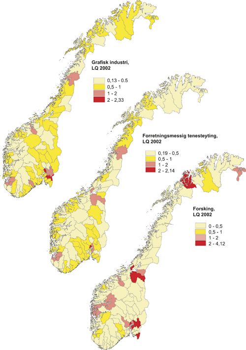 Figur 3.9 Dei økonomiske regionane rangert etter størst
 spesialisering i grafiske næringar, forsking og forretningsretta
 tenesteyting