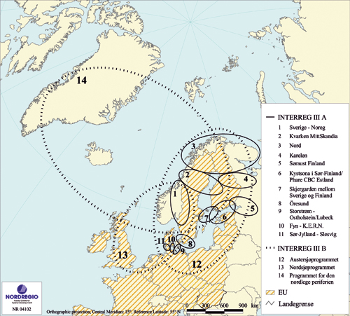 Figur 6.1 Geografisk ramme for program som dei nordiske landa deltar
 i