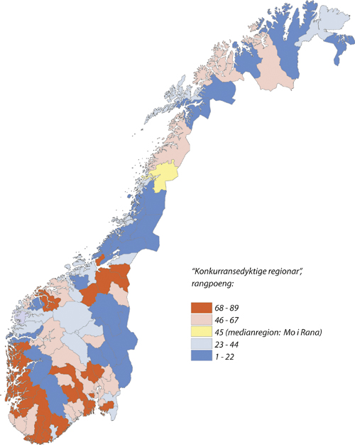 Figur 1.1 Kart med rangering av bu- og arbeidsmarknadsregionar etter
 befolkningsindikatorar