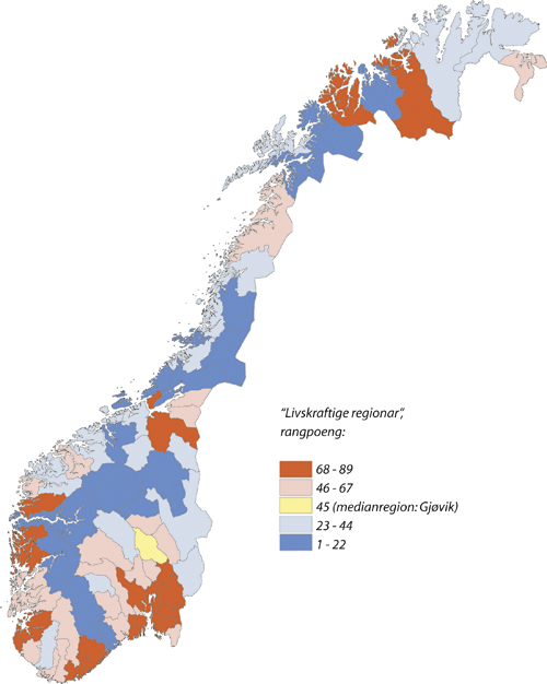 Figur 1.2 Kart med rangering av økonomiske regionar etter indikatorar
 for næringsstruktur og dynamikk i næringslivet