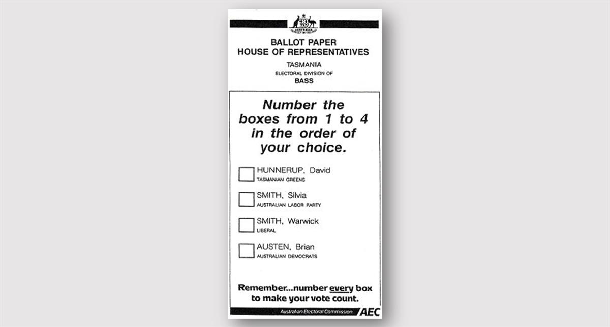 Eksempel på australsk stemmeseddel hvor velgeren blir bedt om å rangere fire kandidater fra 1 til 4.