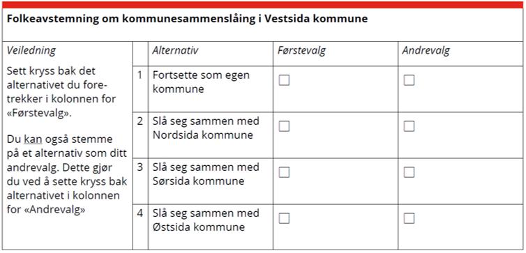 Tenkt stemmeseddel ved folkeavstemning om kommunesammenslåing i Vestsida kommune, hvor velgeren kan sette to kryss: ett kryss for førstevalg og ett kryss for andrevalg