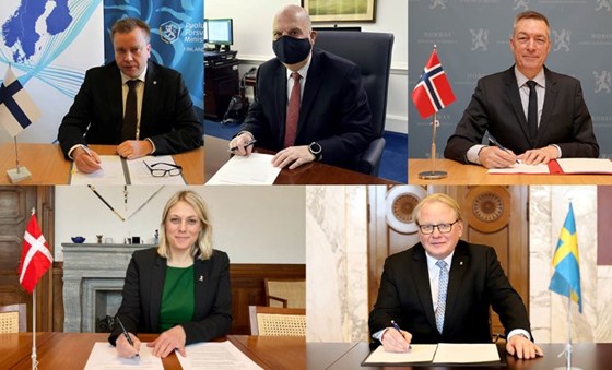 Finland's Minister of Defence Antti Kaikkonen, US Acting Secretary of the Air Force John P. Roth, Norway's Minister of Defence Frank Bakke-Jensen, Denmark's Minister of Defence Trine Bramsen and Sweden's Minister for Defence Peter Hultqvist.