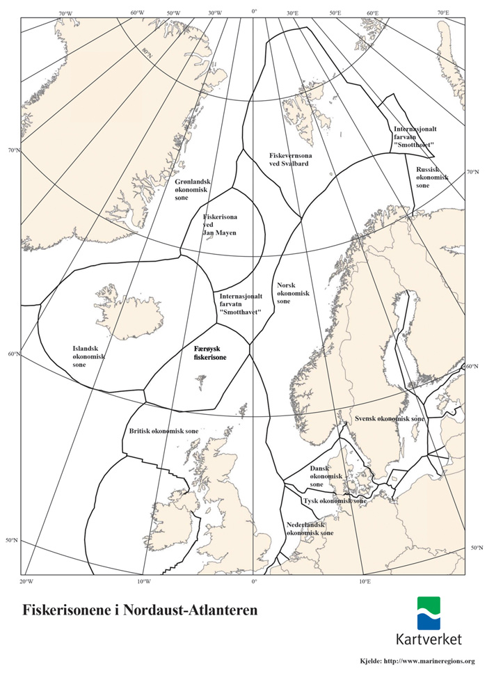 Figur 2.1 Kart som viser dei ulike fiskerisonene i Nordaust-Atlanteren
