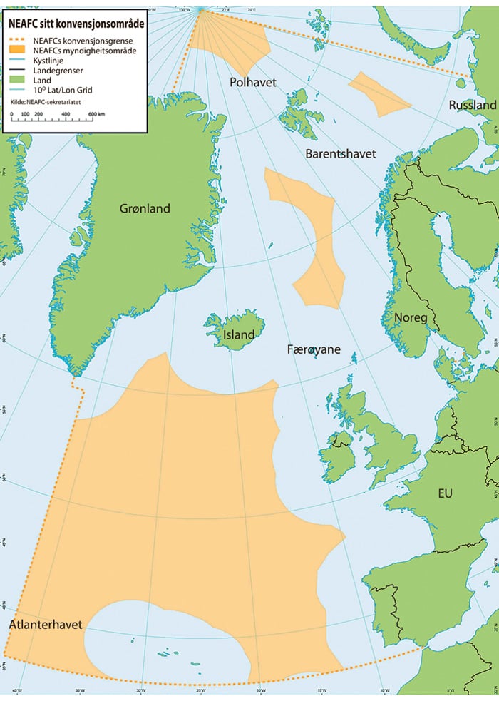 Figur 3.8 NEAFC sitt konvensjonsområde ligg innanfor dei stipla linjene, myndigheitsområde er merka i oransje 
