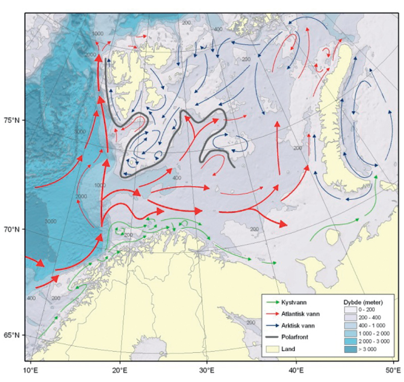 Figur 4.1 Barentshavet – straumar og djupn
