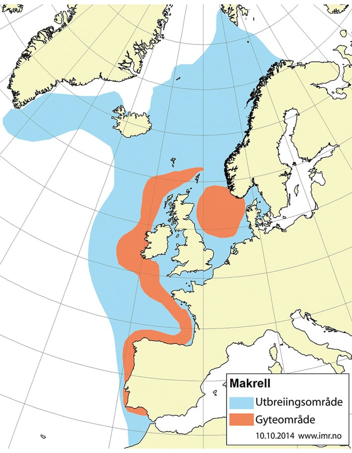 Figur 4.29 Utbreiingsområde og gyteområde for nordaustatlantisk makrell