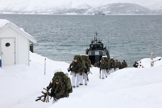 Soldater fra det nederlandske Korps Mariniers under en landgangs øvelse på vinterøvelsen Joint Viking 2023.