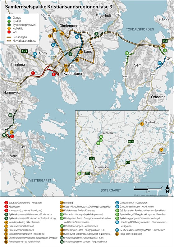 Kart som viser prosjekter i fase 3 av bypakken