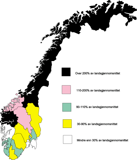 Figur 5.5 Bruk av legehelikopter til primæroppdrag fordelt etter bostedsfylke og relatert til befolkningen i området. Prosent av landsgjennomsnittet i 1998. Alle baser unntatt Bergen.