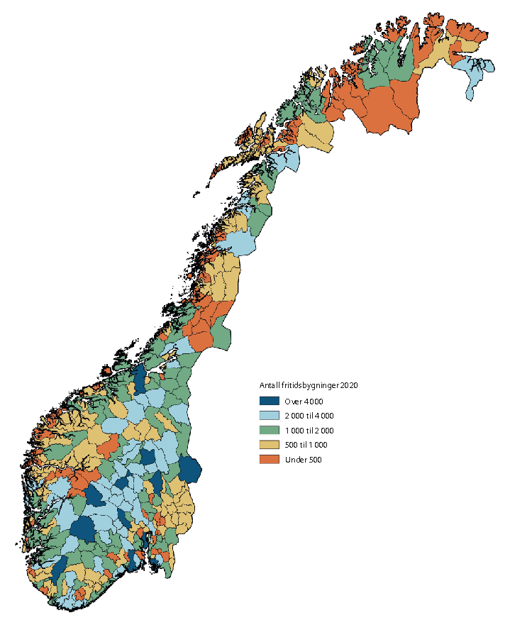 Figur 2.21 Antall fritidsboliger per kommune, 2020.

