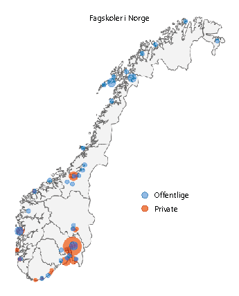 Figur 6.7 Fagskolenes geografiske plassering i Norge, 2019. Studiesteder under fagskolene vises ikke.
