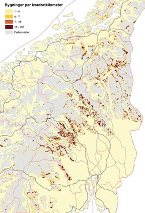 Figur 5.3 Bebygde kilometerruter i fjellområdene i Sør-Norge.