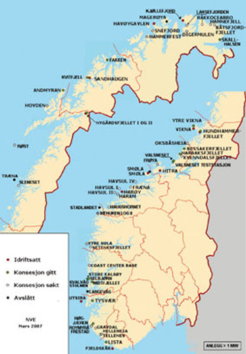Figur 5.5 Vindkraftprosjekter i Norge, inkludert meldte prosjekter pr.
 mars 2007.