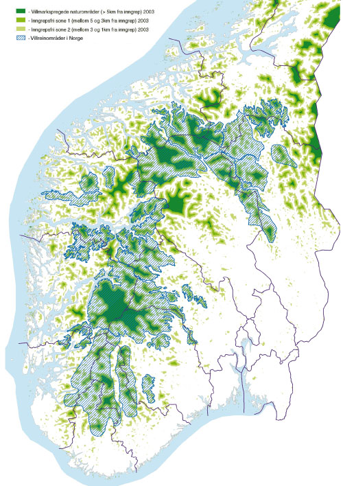 Figur 6.3 Villreinens leveområder er i stor grad sammenfallende
 med de største sammenhengende inngrepsfrie og villmarksprega
 områdene i Sør-Norge.