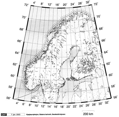 Figur 1.1 Fastlands-Norge med grunnlinjer og nye yttergrenser for sjøterritoriet (12 nautiske mil) og tilstøtende sone (24 nautiske mil)