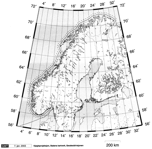 Figur 1.1 Fastlands-Norge med grunnlinjer og nye yttergrenser for sjøterritoriet (12 nautiske mil) og tilstøtende sone (24 nautiske mil)