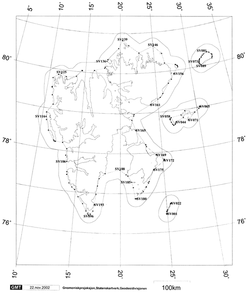 Figur 1.2 Svalbard (uten Bjørnøya) med grunnlinjer og ny yttergrense for sjøterritoriet