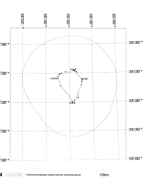 Figur 1.3 Bjørnøya med grunnlinjer og ny yttergrense for sjøterritoriet