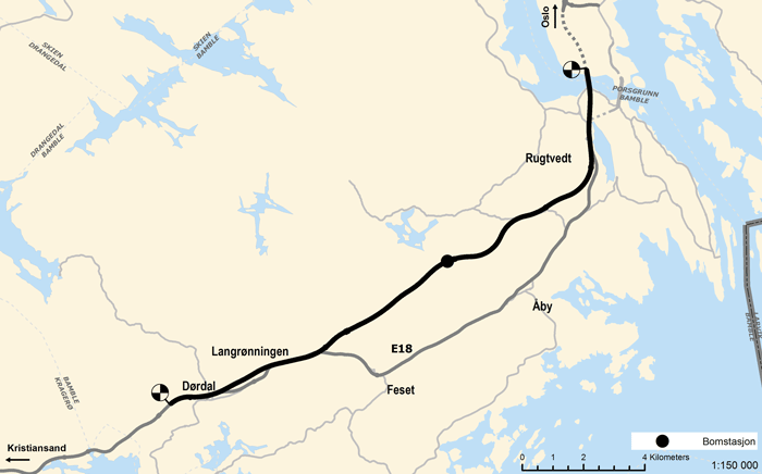 Figur 2.1 Oversiktskart E18 Rugtvedt – Dørdal 

