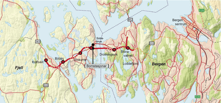 Figur 2.1 Rv 555 Sotrasambandet – oversiktskart over prosjektet inkl. bomstasjonar