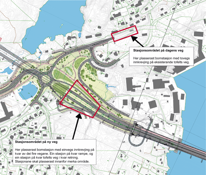 Figur 5.1 Rv 555 Sotrasambandet - plassering av bomstasjonar
