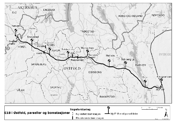 Figur 3.1 E18 i Østfold – delstrekninger og bomstasjoner