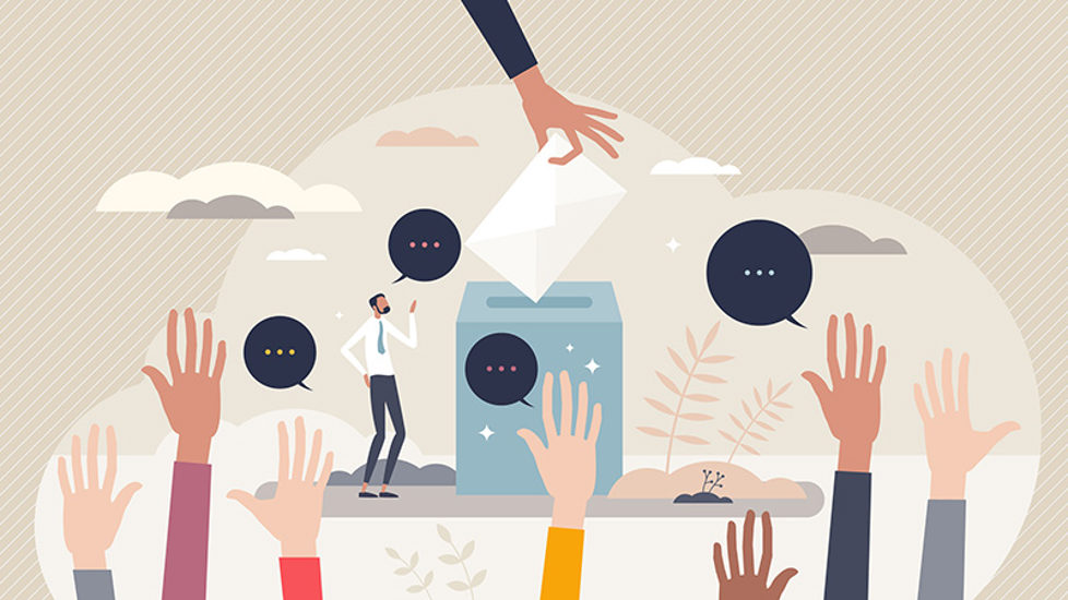 illustrasjon av hender og valgurne