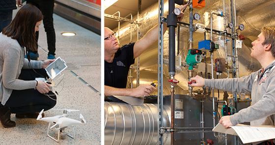 To illustrasjonsbilder. Student som øver med drone. Foto: Fagskolen i Oslo. Undervisning i KEM, klima, energi og miljø i bygg. Foto: Fagskolen i Viken.