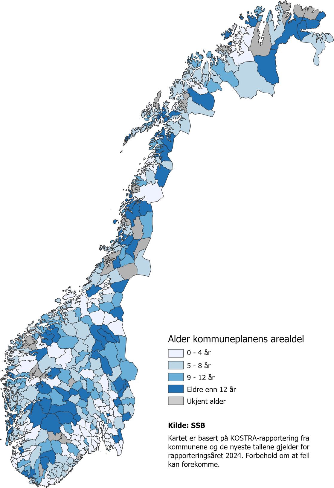 Alder kommuneplanens arealdel etter vedtaksår. 2024.