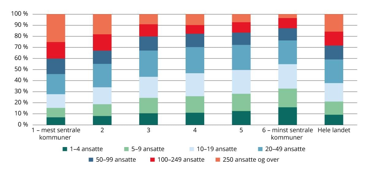 Andel ansatte i privat sektor etter foretaksstørrelse og sentralitet.* 2025. Prosent.