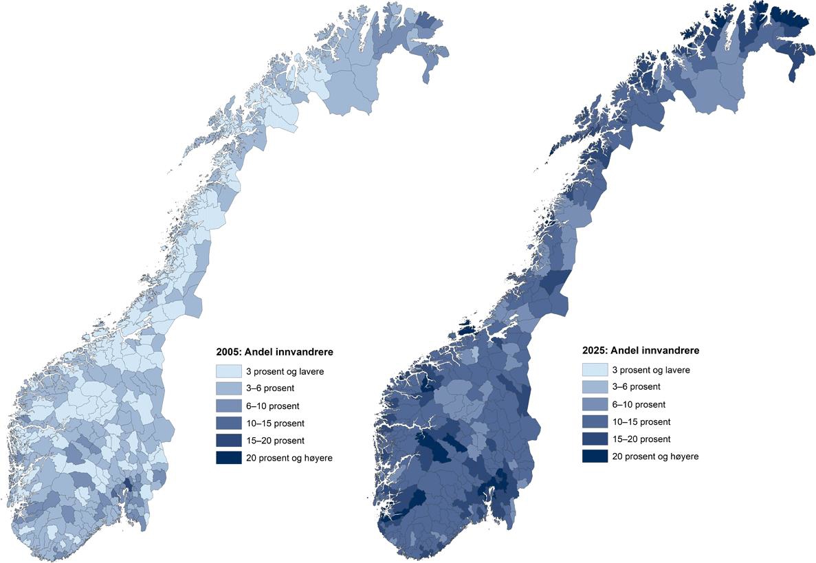 Innvandrerandel 2005 og 2025, etter kommune. Prosent.