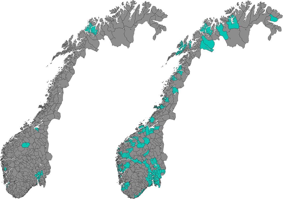 Kommuner med bruktboligpriser høyere enn byggekostnader. Eneboliger (venstre) og leiligheter (høyre). 2024.