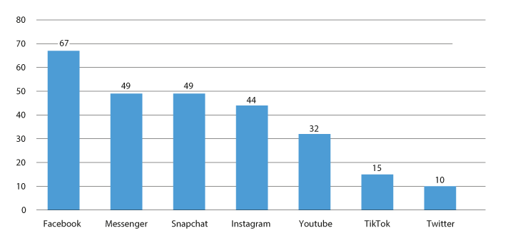 Figur 6.1 De største sosiale medier i Norge våren 2021. Prosent av befolkningen over 18 år som sier de bruker mediet daglig.